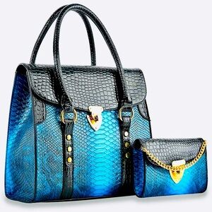 SOLD - Elegant Black and Blue Embossed Women's Handbag Set